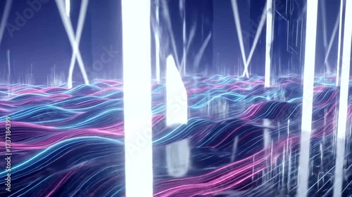 Abstract Neon Landscape with Glowing Lines and Vertical Beams Animation, Futuristic backdrop