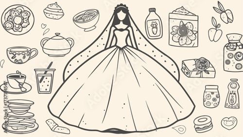 Delightful bridal shower themed doodle art for wedding celebrations and party favors, featuring sweets, beverages, gifts, and a bride to be illustration