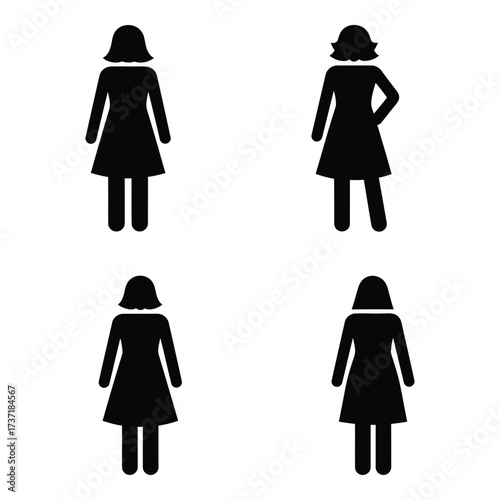 Set of four silhouette figures of women posed in different stances for iconography silhouette