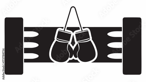 Dynamic boxing gloves hanging in the ring, perfect for sports brands, fitness promotions, or empowering messages, a symbol of strength and determination
