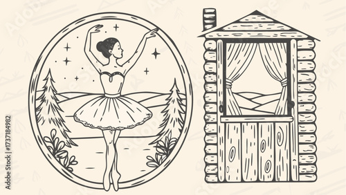 Whimsical ballerina dancer illustration with rustic cabin scene, dreamy country aesthetic, perfect for children's book illustration and storybook designs