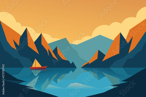 Serene mountain lake with sailboat at sunset minimalist landscape