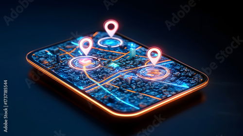 Wallpaper Mural Neon navigation digital map smart city top down 3d render route planning location pin urban grid glowing road futuristic UI. Neon navigation digital map smart city top down 3d render shows glowing Torontodigital.ca