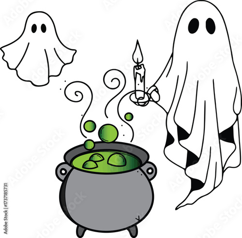 A fun cartoon vector illustration for Halloween featuring two spooky ghosts, one of whom holds a lit candle, hovering over a bubbling cauldron of green witch's brew or potion