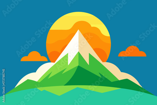 Stylized mountain peak with sun and clouds in a flat design