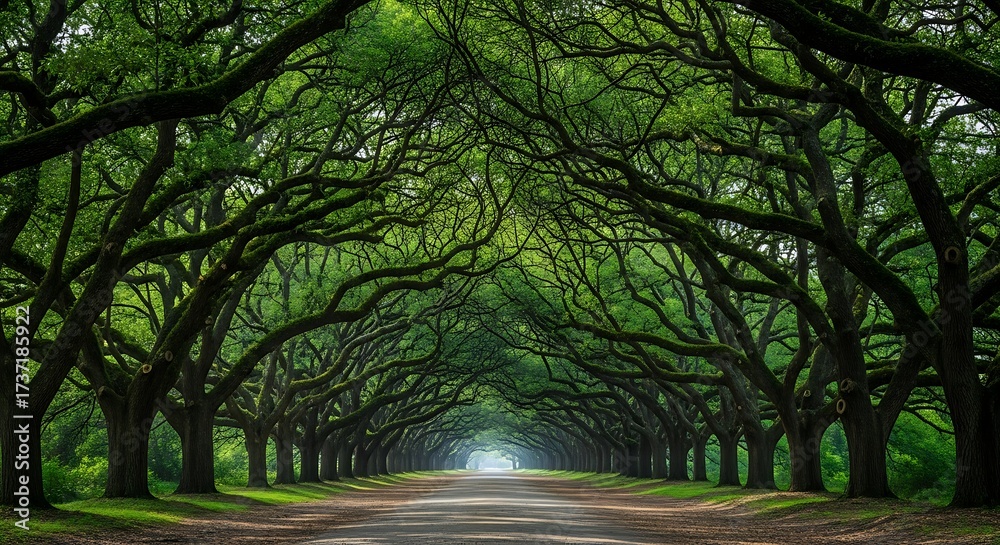 Fototapeta premium Scenic tree lined road under a canopy of green oak trees