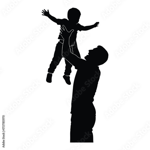 Father throws happy child up in air silhouette joyful childhood moment fatherhood family love celebration silhouette