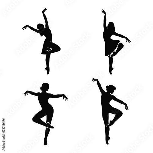 Four silhouette ballet dancers in dynamic poses capturing graceful movement and elegance silhouette