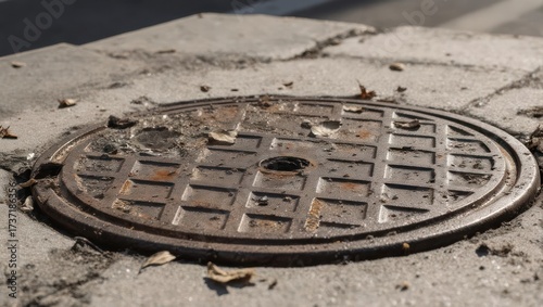 Rusty metal manhole cover on a paved surface