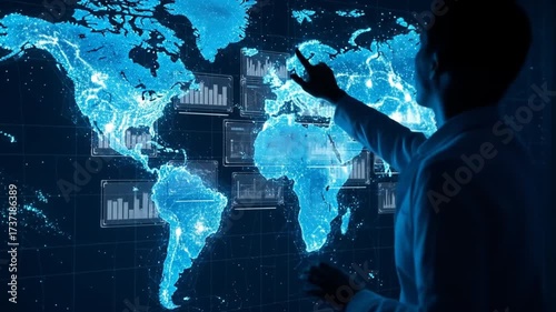 The silhouette of a person pointing towards a holographic world map, emphasizing global business analytics and digital technology for insightful international communication.