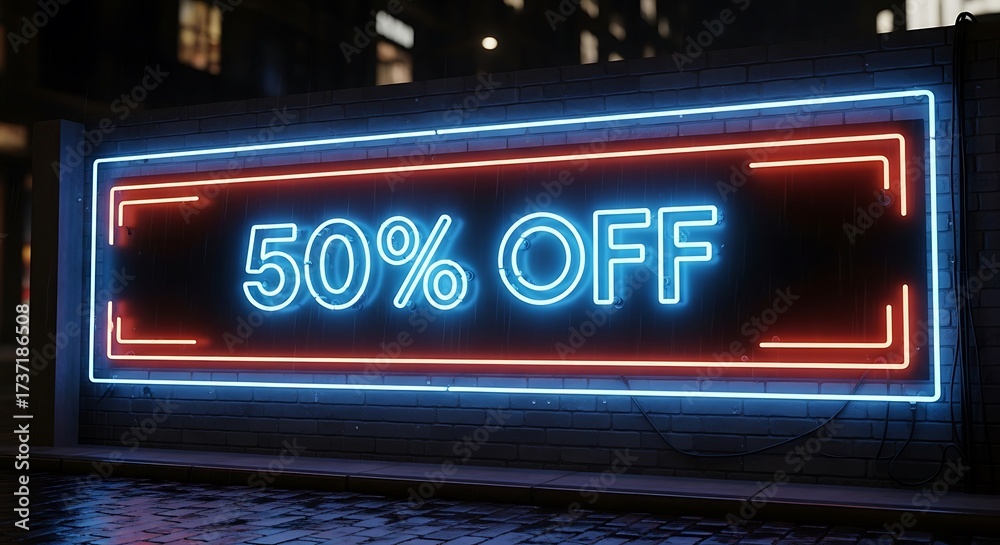 Obraz premium Bright neon sign advertising 50 percent off sale at night