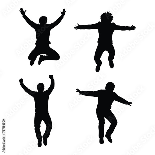 Joyful silhouettes of four people jumping in celebration dynamic poses of exuberance and freedom silhouette