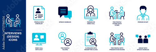 Interviews (Design) Blue Colored Outline Icon Set