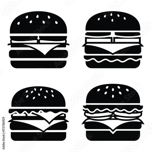 Diverse burger icons set featuring classic american fast food options for menus and designs silhouette