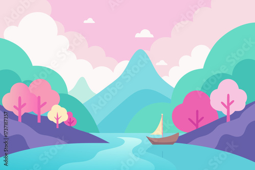 Serene landscape with sailboat on a river amidst colorful hills and mountains