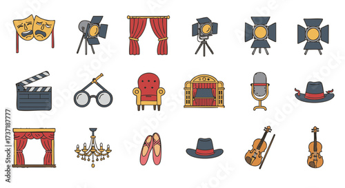 Vector theatre icons set with drama masks, stage, tickets and spotlight