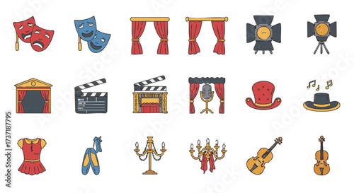 Vector theatre icons set with drama masks, stage, tickets and spotlight
