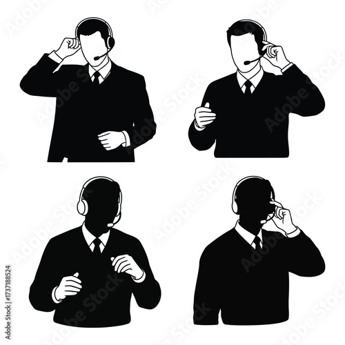 Professional support staff with headsets and microphones in silhouette and line art styles silhouette