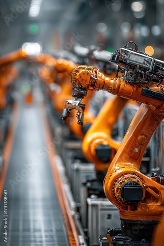 Orange robotic arms on a production line