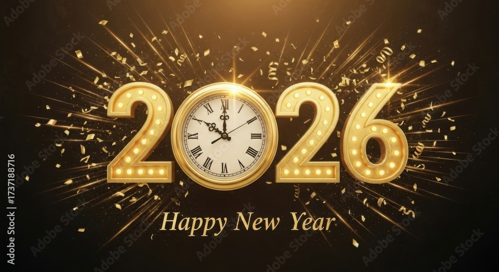 Fototapeta premium Golden 2026 numerals with a clock face and celebratory fireworks marking the new year