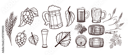 Vintage Hand-Drawn Beer Collection – Mugs, Bottles, Hops & Oktoberfest Elements
