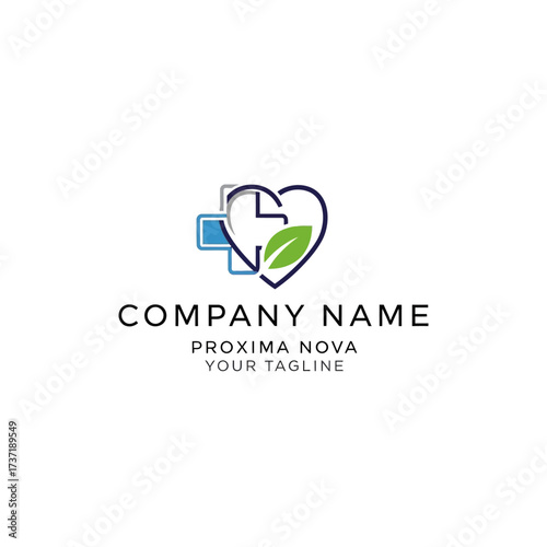 A modern logo design combining a medical cross, a heart, and a green leaf for a healthcare or wellness company.