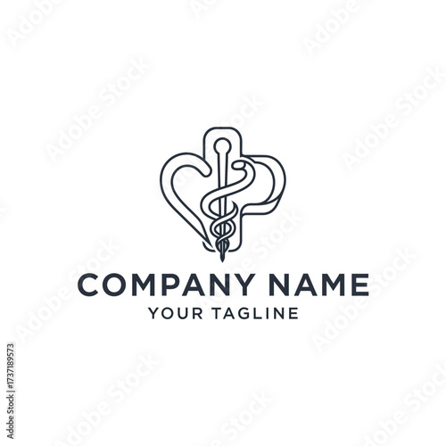 A monoline logo design combining a medical cross, a heart, and the Rod of Asclepius symbol for a healthcare company.