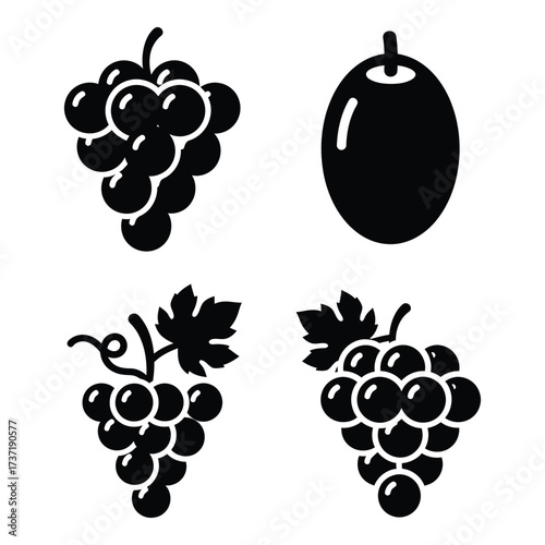 Collection of four silhouette icons featuring grapes and an olive for food and beverage design elements silhouette