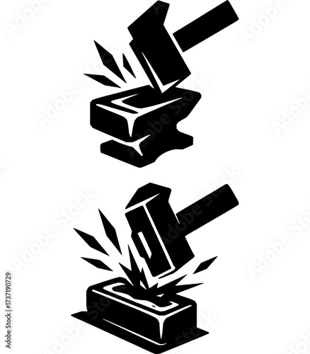 Vector icon of hammer hitting anvil and ingot with impact lines,  forge, strength, and craftsmanship.