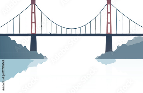 Premium flat vector depicting a graceful suspension bridge spanning a misty river at dawn, with light transit and pedestrian activity. Suitable for transport, infrastructure, travel, and editorial use