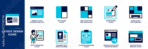 Layout Design Blue Colored Outline Icon Set