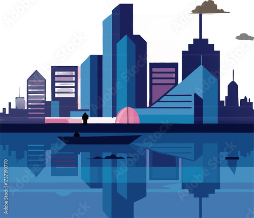 A premium flat vector of a modern city skyline at dusk with reflective river foreground, warm window lights and a pedestrian promenade. Ideal for city, real estate, travel, and editorial design.