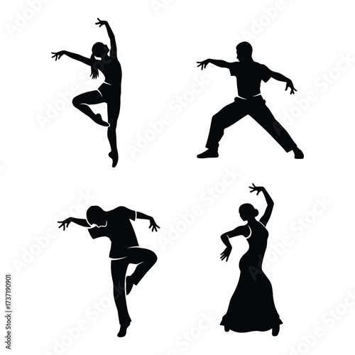 Dynamic dance silhouettes four diverse performers in expressive poses capturing movement and grace silhouette