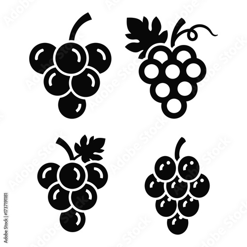 Four stylized silhouette icons of ripe grape bunches offering versatile design elements silhouette