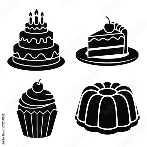 A collection of delicious desserts four sweet treats including cakes cupcakes and gelatin desserts isolated on a silhouette