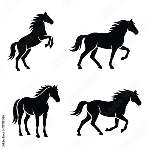 Dynamic horse silhouettes set four poses equestrian animal art graceful movement animal graphics silhouette