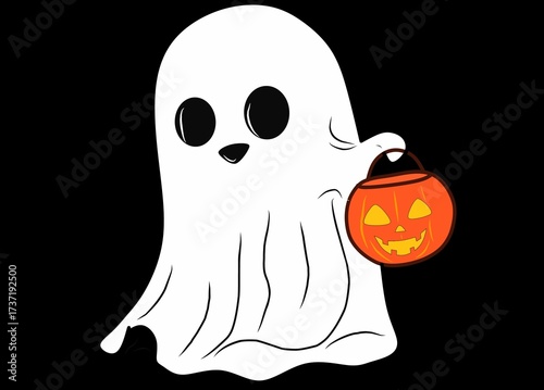 A cute and friendly cartoon ghost illustration set against a solid black background. The ghost is pure white and has a classic sheet-like shape with simple, large black eyes and a small, smiling mouth