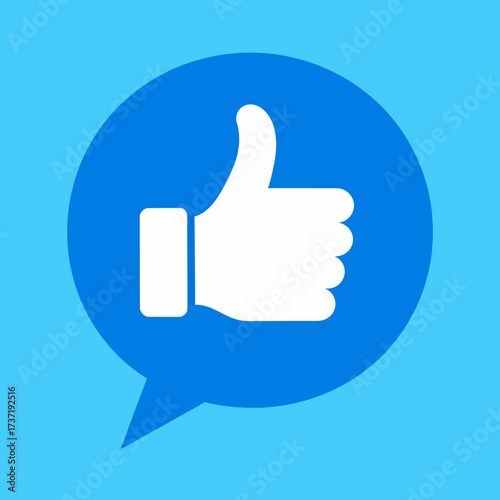 Dynamic illustration featuring a white thumbs-up hand gesture enclosed within a vibrant blue speech bubble, universally signifying approval, positive feedback, and social media engagement