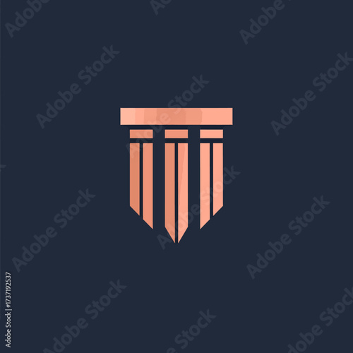 Minimalist copper column and shield emblem for a corporate identity, symbolizing strength, justice, and stability in business or law