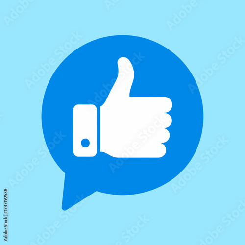 A simple graphic representation of a thumbs up gesture inside a blue chat bubble, symbolizing positive feedback, approval, and social media likes