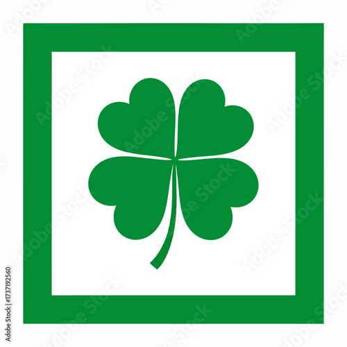 A simple green four-leaf clover graphic, a classic symbol of good luck and fortune, enclosed in a square frame for St. Patrick's Day