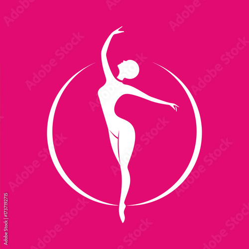 Elegant white silhouette of a graceful woman dancing, framed by a circle on a vibrant pink background, symbolizing beauty and femininity