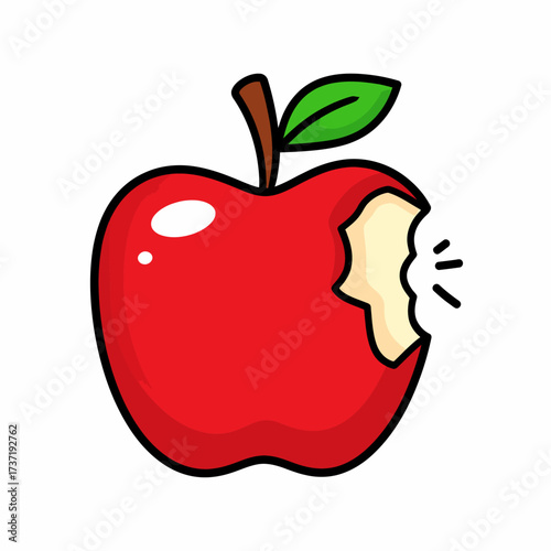 A cartoon illustration of a bright red apple with a bite taken out of it, showing the white flesh and seeds, set against a white background