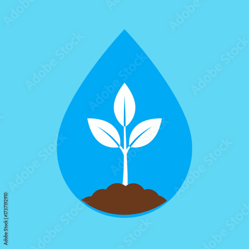 Conceptual illustration of a plant growing from soil within a water droplet, symbolizing growth, nature, and life