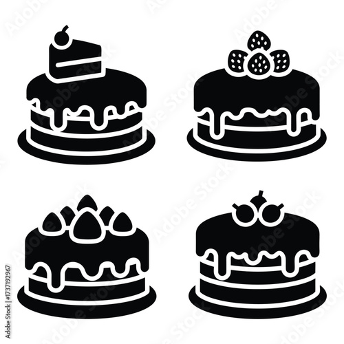 Four stylized cakes silhouette icons featuring chocolate drizzle and berries for desserts and celebrations silhouette