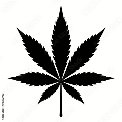Black silhouette of a marijuana leaf isolated on a white background. A graphic icon and symbol for cannabis, hemp, medicinal, and recreational concepts