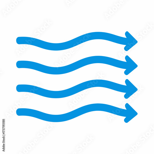 Dynamic blue wavy lines with right-pointing arrows representing the directional flow of air, wind, or a current, ideal for weather, ventilation, or environmental icons and graphics