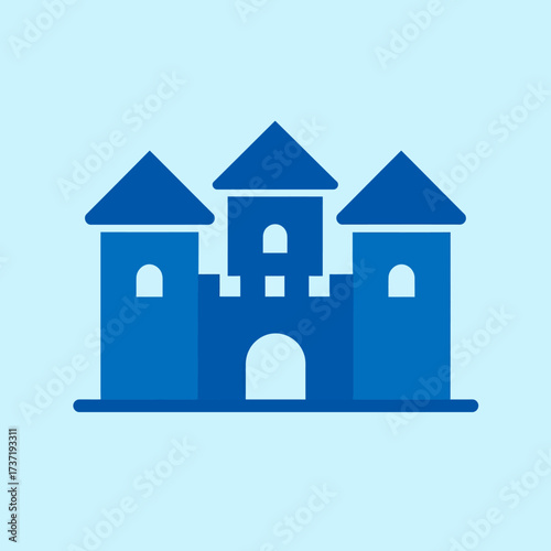 A simple, stylized, blue icon of a castle with three towers and an arched entrance against a light blue background, representing a fantasy or fairytale structure