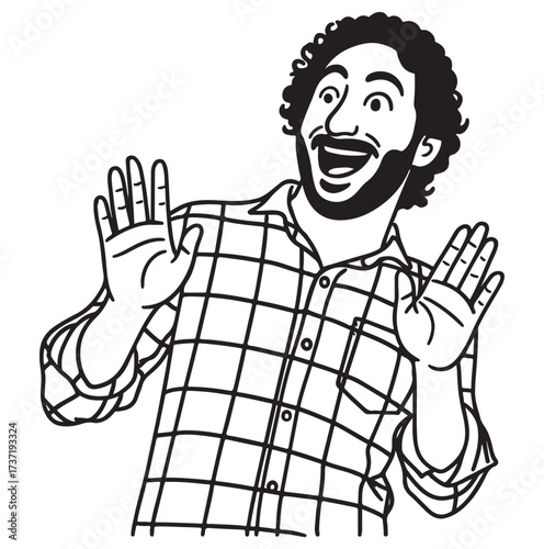 Man with curly hair and beard expressing surprise and joy.
