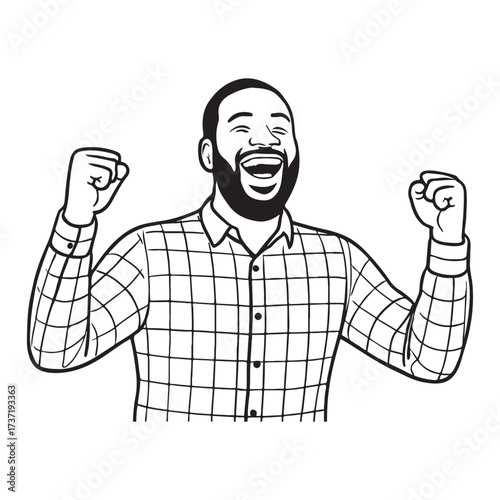 Line art illustration of a happy bearded man celebrating success.